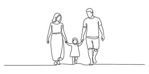 Continuous one line drawing of a happy family walking together, parents holding hands with their small child. parenthood concept illustration. Vector, illustration