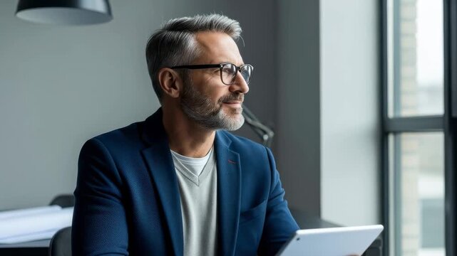 Man in a blue blazer sits at a desk looking thoughtfully out a window while holding a tablet indoors