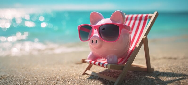 The piggy bank lounging in sunglasses on a striped deckchair at the beach