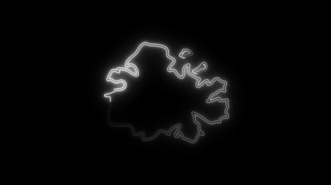 Abstract glowing white outline map shape pulsating energy light effect on black background dynamic motion graphic futuristic technology concept
