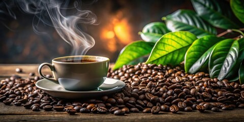 Fototapeta premium Aromatic Coffee Steam Rising from a Cup Nestled Amidst Roasted Beans and Lush Green Leaves on a Rustic Wooden Surface