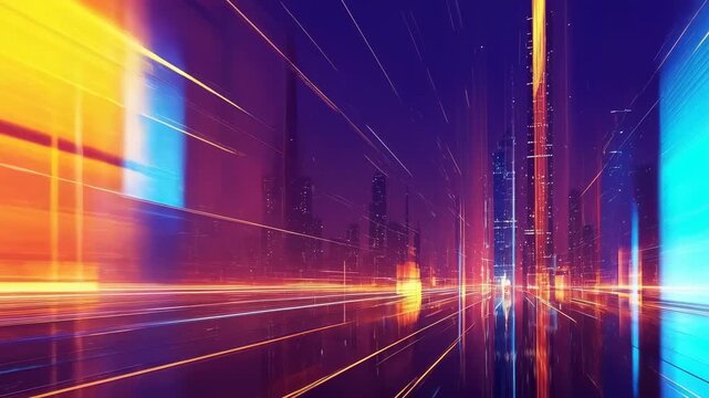 Stunning city skyline illuminated at night with vibrant colors and light trails over skyscrapers - Powered by Adobe