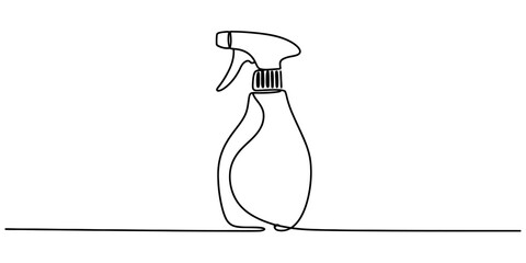 Continuous line art drawing of a versatile spray bottle, perfect for household cleaning, garden watering, and various liquid solutions. Vector, illustration
