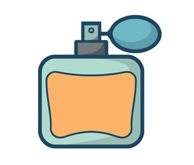 Obraz premium A modern cartoon illustration depicts a square bottle of perfume with a teal bulb atomizer and amber liquid inside, set against a white background.