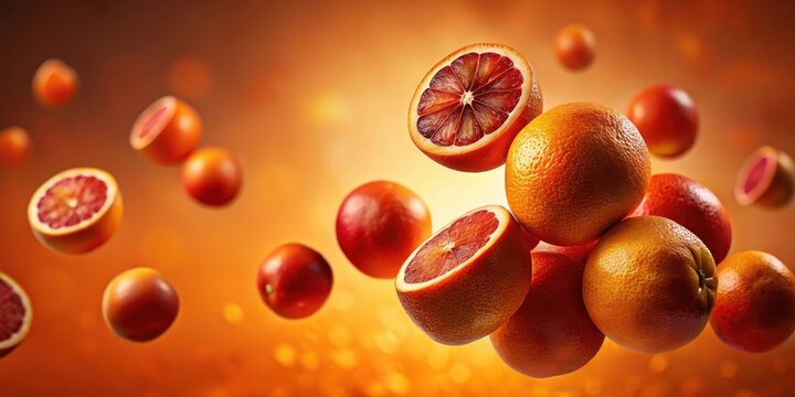 A vibrant profusion of juicy blood oranges, suspended mid-air against a warm, bokeh-filled backdrop, showcases their rich color and texture in a dynamic composition.