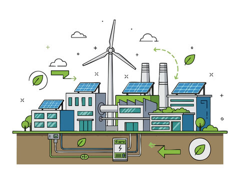 Sustainable Cityscape with Renewable Energy Sources and Green Initiatives.