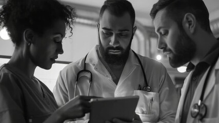 A group of doctors and nurses discussing patient care around a tablet device. - Powered by Adobe