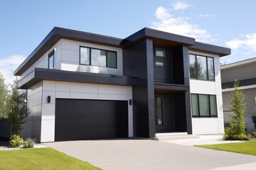 This contemporary two-story home features a stylish design and expansive windows, beautifully situated in a suburban neighborhood bathed in sunlight on a pleasant afternoon