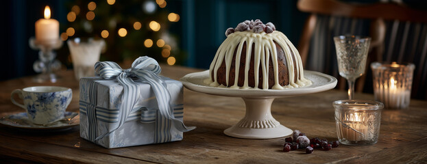 Christmas Pudding with White Icing on Festive Table