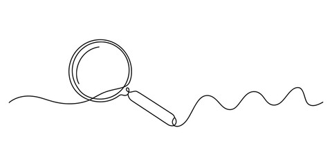 One line drawing of a magnifying glass connected to a continuous wavy path, symbolizing search, discovery, and detailed analysis. Vector, illustration