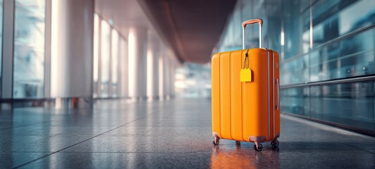 The Orange Suitcase Standing Alone in a Modern Airport Terminal Ready for Travel
