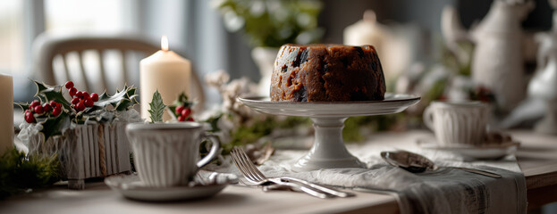 Christmas Pudding on Festive Table Setting