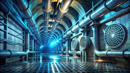 Futuristic Industrial Corridor A Deep Dive into a Network of Gleaming Pipes and Ventilation Systems within a Subterranean Structure