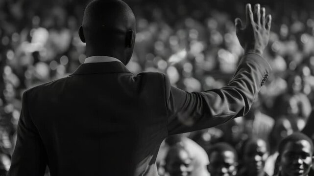 Man in suit giving speech with audience in background.
