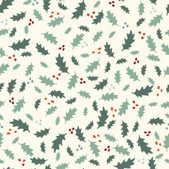Pattern with leaves and berries on white background for greeting cards.  Vector illustration, Christmas seamless pattern

