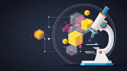 Digital science concept featuring a modern microscope surrounded by abstract data cubes, symbolizing advanced research, technological discovery, and innovation in scientific exploration - Powered by Adobe