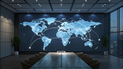 World map projection displayed on a large screen in a boardroom