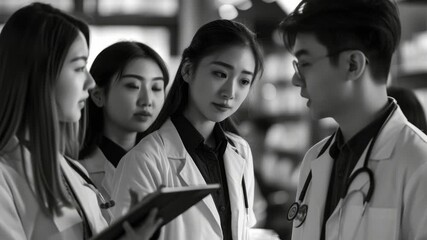 A group of doctors engaged in discussion with each other, wearing white lab coats and stethoscopes around their necks, indicating a professional medical environment. - Powered by Adobe