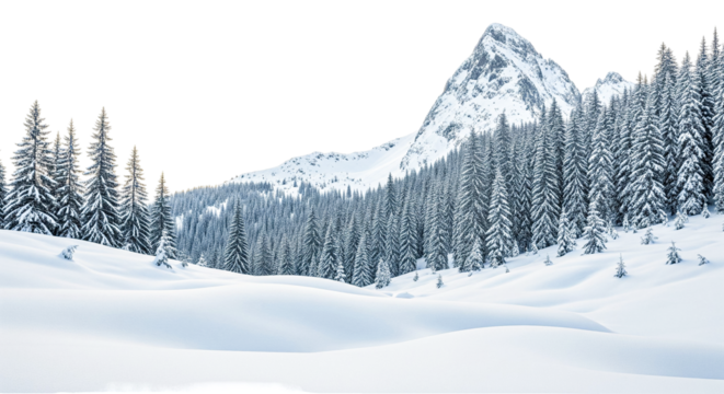 Isolated Winter Landscape with Snow-Covered Pine Forest and Mountain Peak
