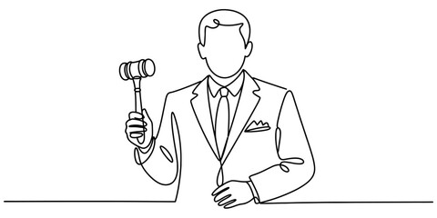 Continuous line drawing of a man in a suit holding a gavel, symbolizing justice, auction, and law decisions. minimalist legal concept art. Vector, illustration