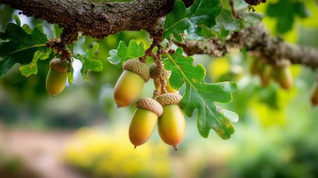 Close Up of Acorns and Green Oak Leaves Branch with Rough Tree Bark with Bokeh Background Outdoors in Natural Sunlight at Daytime in the Forest