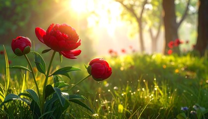 Red Peonies in a Sunny Meadow.