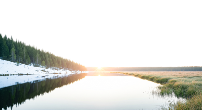 Misty Sunrise Reflection on a Lake with Snow, Pine Forest and Golden Grass