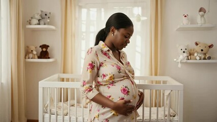 A pregnant woman in a floral robe standing near a crib with stuffed animals on the shelves behind her.