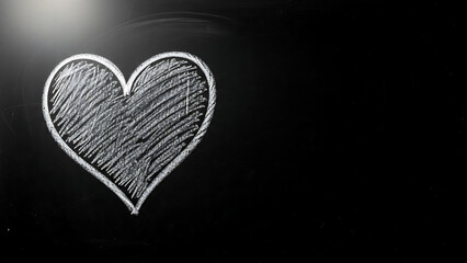 heart on chalkboard, White chalk heart drawing on a dark blackboard background. This symbol shows love, care, romance, and friendship. Empty copy space for custom text, message, school art design