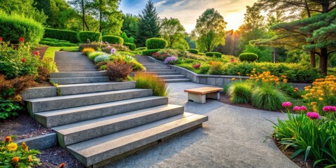 Serene Garden Path with Stone Steps and Lush Blooming Flowers at Sunset