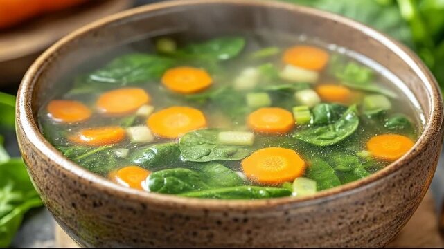Close-up of a bowl of hot spinach soup with carrot slices and celery pieces.