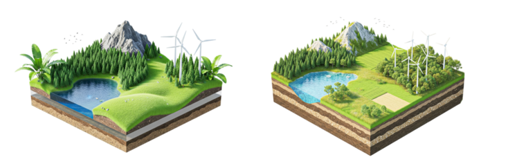 Isometric Landscape Cross Section with Mountain, Forest, Lake and Underground Layers
