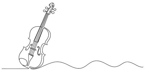 Obraz premium Continuous line art drawing of a classic violin musical instrument, elegant and minimalist illustration representing symphony and melody, creative Vector, illustration