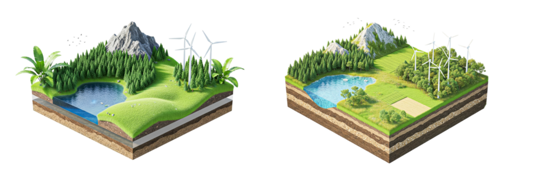 Isometric Landscape Cross Section with Mountain, Forest, Lake and Underground Layers
