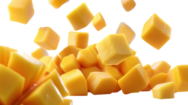 Falling mango cubes falling isolated on transparent background mango, fresh, tropical, fruit, cube, diced, piece