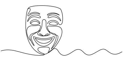 Continuous line art drawing of a smiling theatrical comedy mask with a happy expression, representing joy, drama, and performance Vector, illustration