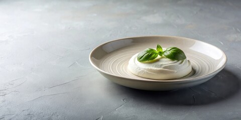 Creamy dairy product on a plate garnished with fresh basil leaves, showcasing its smooth texture and delicate flavor profile.