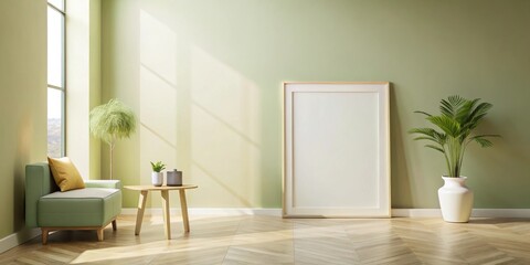 Fototapeta premium Serene Living Room with Large Blank Frame, Wooden Table, and Lush Greenery