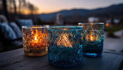 A close-up of three teal glass candles with interim