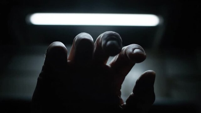 A dramatically lit, shadowy hand reaches desperately upwards towards a bright, horizontal fluorescent light in a dark, confined space, conveying feelings of suspense, fear, or escape.