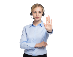 Professional support agent wearing headset and showing stop gesture to indicate hold, isolated on a transparent background, PNG