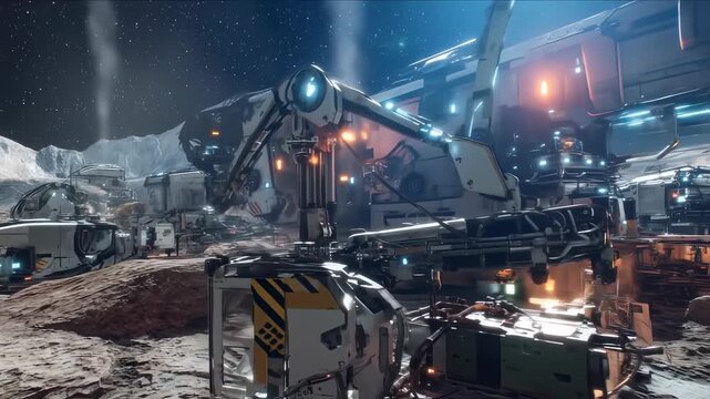 A futuristic moon base features complex machinery, structures, with a starry night sky