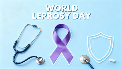 The stethoscope, purple ribbon, and shield represent the elimination of leprosy discrimination and disease prevention, and are suitable for public welfare promotion or health education scenarios.
