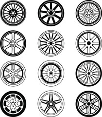 Automotive wheel and rim vector icon set on white background
