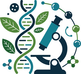 Biology and genetic research icon with dna, leaves, microscope