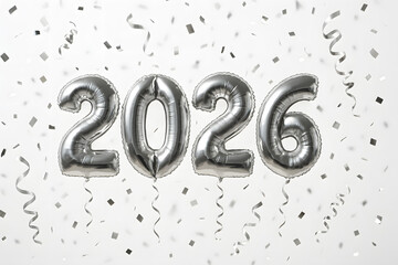 2026  balloons with confetti and ribbons on white background for New Year celebration