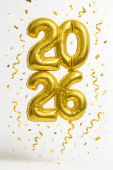 Golden 2026 balloons with confetti and ribbons on white background for New Year celebration