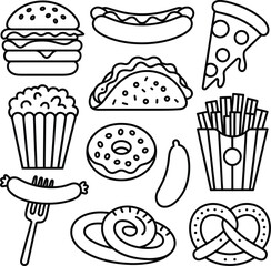 Outline doodle icons collection of popular fast food and snack