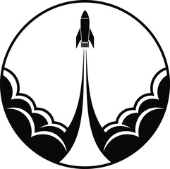 Rocket launch icon with smoke from blastoff in a circular frame