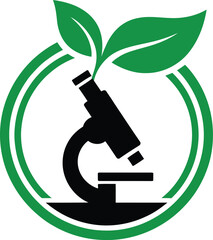 Microscope with green leaves in circle: biological research